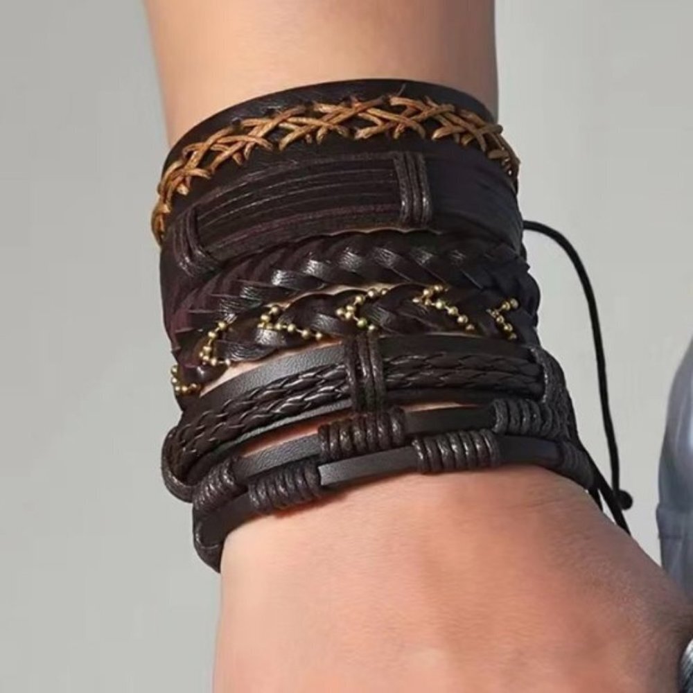 Men's Brown Genuine Leather Bracelet Set